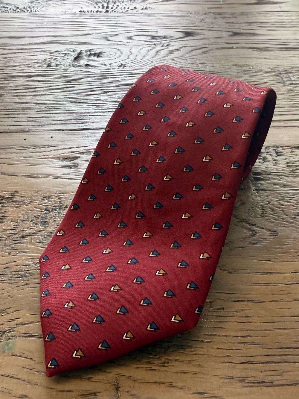 Dior Men's Silk Tie in Deep Red with Navy and Gold Triangle Motif